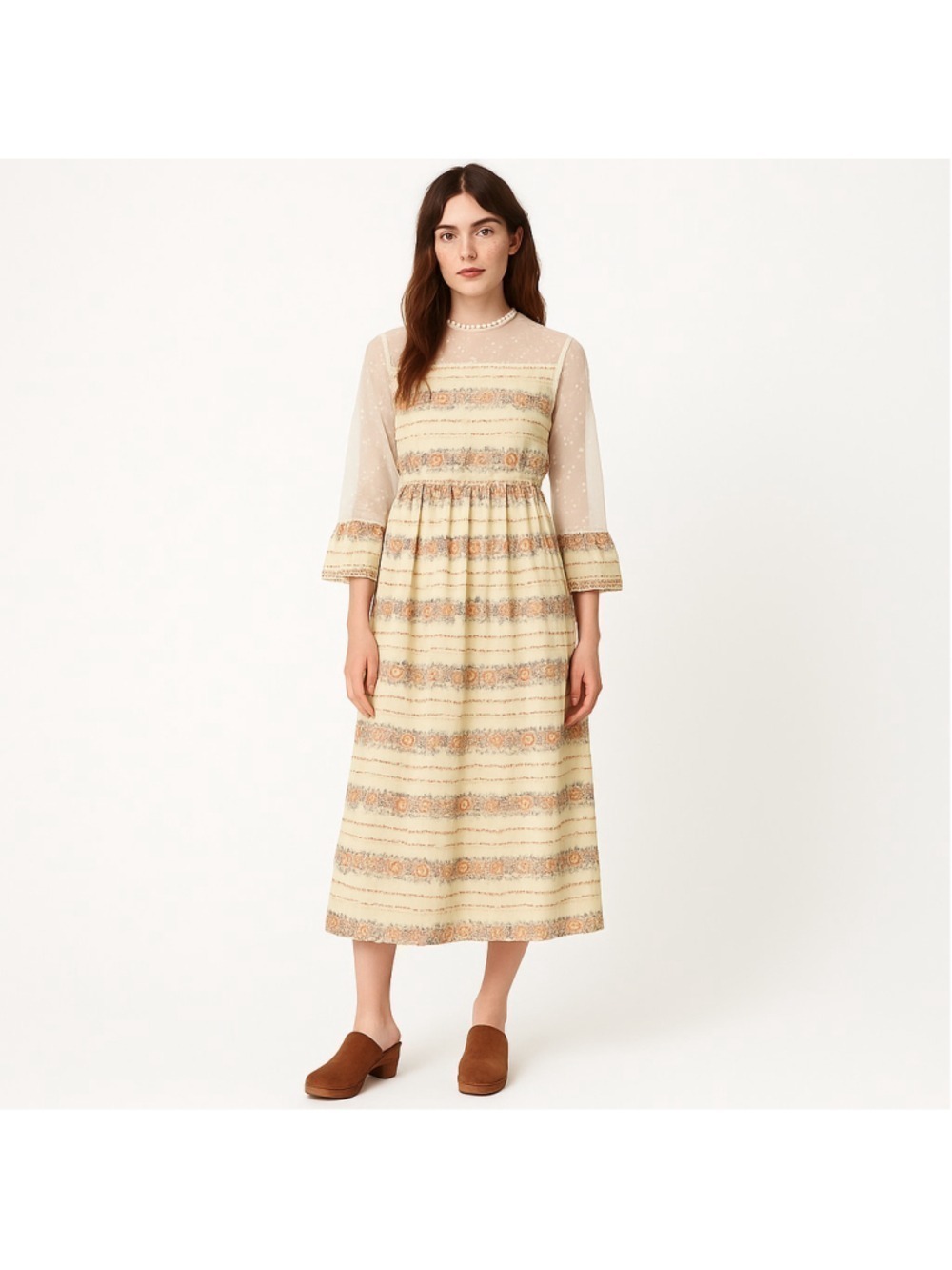 Vintage 70s Elen Henderson Prairie Dress Sheer Sleeves Floral Midi Maxi Canada S